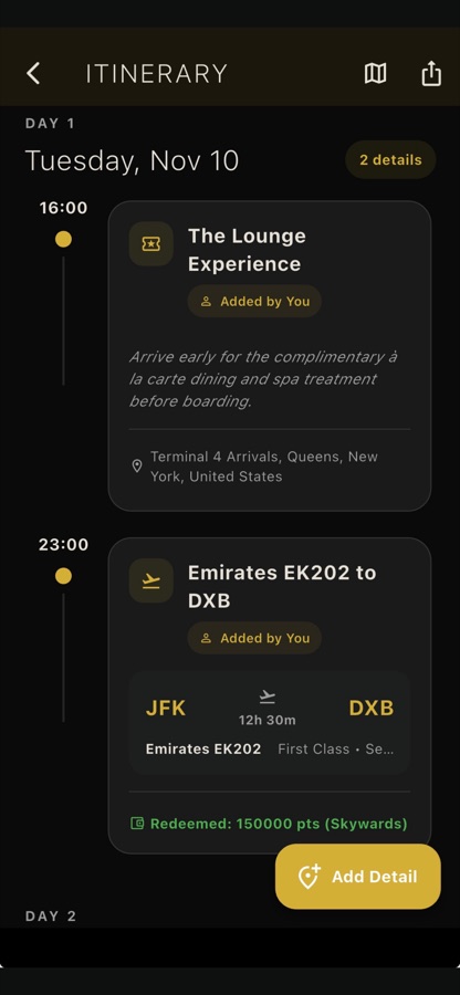 Meridian itinerary screen